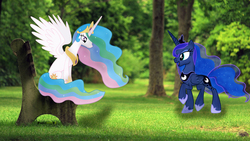 Size: 1920x1080 | Tagged: safe, artist:ocarina0ftimelord, artist:pablomen13, princess celestia, princess luna, alicorn, pony, g4, bench, duo, irl, open mouth, park, photo, ponies in real life, raised hoof, shadow, sitting, tree, vector