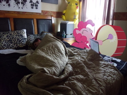 Size: 4320x3240 | Tagged: safe, artist:emedina13, pinkie pie, earth pony, human, pikachu, g4, bed, blanket, bottle, drums, irl, irl human, musical instrument, photo, pillow, playing, plushie, pokémon, ponies in real life, sleeping, this will end in pain, vector