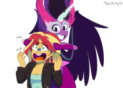 Size: 1400x1000 | Tagged: safe, artist:tralalayla, sci-twi, sunset shimmer, twilight sparkle, equestria girls, g4, cute, duo, fanfic, fanfic art, grin, midnight sparkle, midnightabetes, mischief, noogie, pure unfiltered evil, simple background, smiling, transparent background