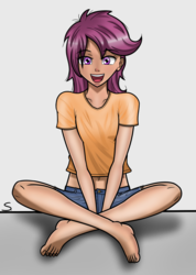 Size: 2456x3448 | Tagged: source needed, safe, artist:purefakegold, scootaloo, human, g4, barefoot, belly button, clothes, cute, feet, female, high res, humanized, looking at you, midriff, open mouth, short shirt, sitting, smiling, solo