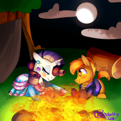 Size: 1280x1280 | Tagged: safe, artist:melentity, button mash, rarity, g4, blushing, campfire, camping, clothes, colt, crack shipping, female, foal, lidded eyes, male, mare, moon, night, rarimash, shipping, straight