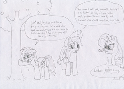 Size: 3496x2512 | Tagged: safe, artist:friendshipishorses, applejack, rainbow dash, rarity, g4, blushing, high res, monochrome, out of context, sweat, tongue out, traditional art, tree