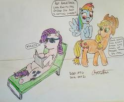 Size: 960x793 | Tagged: safe, artist:rapidsnap, applejack, rainbow dash, rarity, earth pony, pegasus, pony, unicorn, g4, sleeping, sunbathing, sunburn, traditional art, zzz