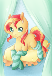 Size: 856x1250 | Tagged: safe, artist:kotezio, sunset shimmer, pony, unicorn, g4, clothes, cute, female, mare, pillow, prone, shimmerbetes, socks, solo, striped socks