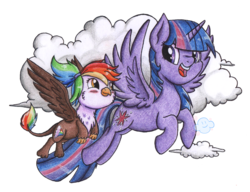 Size: 714x548 | Tagged: safe, artist:gummysky, twilight sparkle, oc, oc:rainbow feather, alicorn, pony, g4, duo, flying, interspecies offspring, magical lesbian spawn, offspring, parent:gilda, parent:rainbow dash, parents:gildash, twilight sparkle (alicorn)