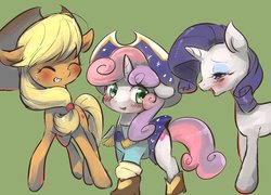 Size: 1953x1403 | Tagged: safe, artist:yajima, applejack, rarity, sweetie belle, earth pony, pony, unicorn, g4, on your marks, blushing, boots, clothes, cow belle, cowboy boots, cowboy hat, eyes closed, female, filly, freckles, hat, mare, open mouth, shoes, simple background, sisters, smiling