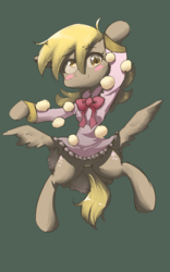 Size: 1200x1920 | Tagged: safe, artist:yajima, derpy hooves, pegasus, pony, semi-anthro, g4, arm hooves, blushing, butt wings, clothes, dress, female, mare, neck bow, pose, ribbon, simple background, solo
