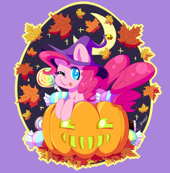 Size: 1280x1306 | Tagged: dead source, safe, artist:fatcakes, pinkie pie, earth pony, pony, g4, candy, colored pupils, ear fluff, female, food, halloween, hat, heart eyes, holiday, jack-o-lantern, leaves, one eye closed, pumpkin, shirt design, solo, tongue out, wingding eyes, wink, witch hat