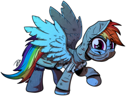 Size: 4117x3150 | Tagged: safe, artist:gray--day, rainbow dash, pegasus, pony, dungeons and discords, g4, clothes, female, high res, hood, looking at you, mare, medal, rainbow rogue, raised hoof, rogue, roleplaying, simple background, solo, transparent background
