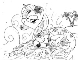 Size: 842x650 | Tagged: safe, artist:t72b, derpibooru exclusive, rarity, g4, beach, clothes, dress, female, flower, flower in hair, horn, horn ring, mermarity, monochrome, newbie artist training grounds, rarity's mermaid dress, solo, traditional art, water, wave