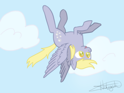 Size: 1417x1063 | Tagged: safe, artist:aurumluxetal, derpy hooves, pegasus, pony, g4, female, flying, mare, signature, solo, upside down