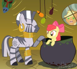 Size: 1417x1270 | Tagged: safe, artist:aurumluxetal, apple bloom, applejack, zecora, earth pony, pony, zebra, g4, cauldron, eyes closed, female, filly, implied cannibalism, mare, person as food, window, zecora's hut