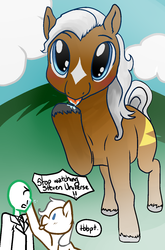 Size: 915x1384 | Tagged: safe, artist:/d/non, artist:tacodeltaco, oc, oc only, oc:anon, earth pony, pony, boop, dialogue, drool, epona, female, looking at you, male, mare, ponified, steven universe, the legend of zelda, tongue out