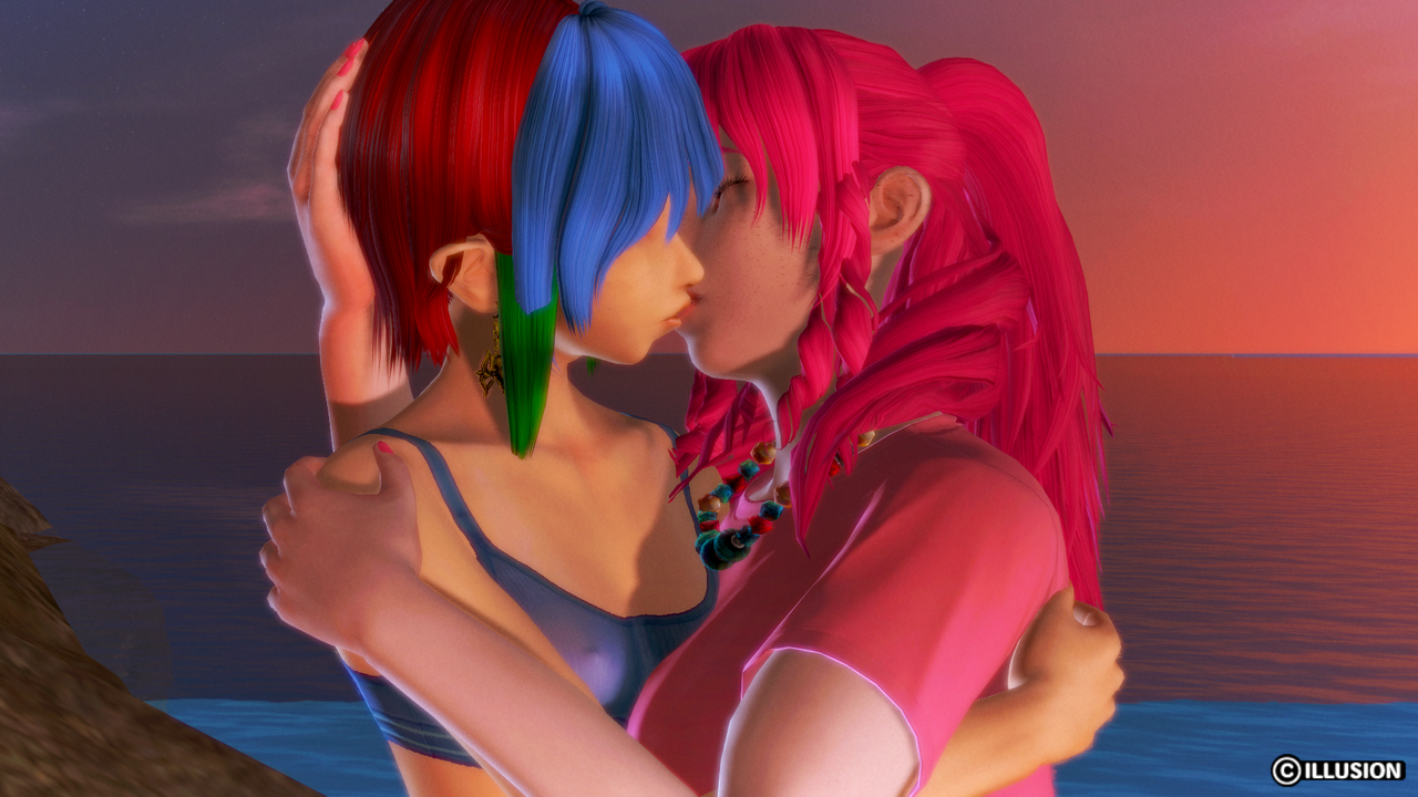 1243718 - safe, artist:theextraguy, pinkie pie, rainbow dash, human, g4, 3d,  clothes, ear piercing, earring, female, humanized, jewelry, kissing, lesbian,  piercing, sexy beach premium resort, ship:pinkiedash, shipping, shirt,  short shirt - Derpibooru