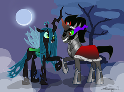Size: 1575x1181 | Tagged: safe, artist:aurumluxetal, king sombra, queen chrysalis, g4, male, raised hoof, ship:chrysombra, shipping, straight