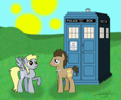 Size: 2032x1672 | Tagged: safe, artist:aurumluxetal, derpy hooves, doctor whooves, time turner, pegasus, pony, g4, doctor who, female, mare, starry eyes, tardis, wingding eyes