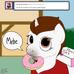 Size: 1024x1024 | Tagged: safe, artist:webster, oc, oc only, oc:wrecking ball, pony, unicorn, clothes, donut, eyelashes, food, question and answer, solo, sprinkles, vest