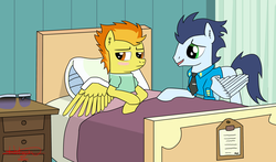 Size: 3547x2086 | Tagged: safe, artist:aurumluxetal, soarin', spitfire, pony, g4, :|, bed, blushing, clothes, cute, cutefire, embarrassed, hospital, male, open mouth, ship:soarinfire, shipping, shirt, sitting, smiling, soarinbetes, spread wings, straight, sunglasses, sweet dreams fuel, wonderbolts, wonderbolts dress uniform