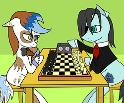 Size: 3000x2500 | Tagged: safe, artist:aurumluxetal, oc, oc only, oc:card shuffler, oc:kushell, chess, chessboard, high res, table