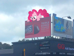 Size: 1600x1200 | Tagged: safe, artist:patec, artist:vectorfag, pinkie pie, g4, mmmystery on the friendship express, auckland, billboard, irl, licking, memphis (ice cream), new zealand, photo, ponies in real life, tongue out