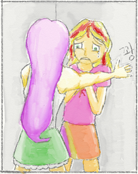 Size: 411x520 | Tagged: safe, artist:trixsun, fluttershy, sunset shimmer, equestria girls, g4, bullying, kabedon, role reversal