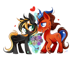 Size: 1400x1094 | Tagged: safe, artist:ipun, oc, oc only, pegasus, pony, unicorn, blushing, bouquet, female, flower, heart, heart eyes, male, mare, shipping, simple background, starry eyes, straight, transparent background, wingding eyes