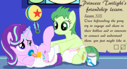 Size: 11000x6000 | Tagged: safe, artist:evilfrenzy, starlight glimmer, oc, oc:madeline, g4, absurd resolution, adult foal, baby powder, checklist, cute, diaper, diaper fetish, diapered, diapering, female, friendship lesson, glimmerbetes, levitation, magic, mare, non-baby in diaper, pacifier, rattle, scroll, telekinesis, text, white diaper, writing