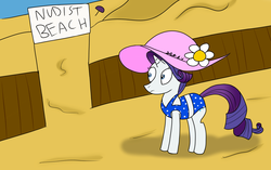 Size: 1720x1080 | Tagged: safe, artist:coolpurpledudette, rarity, g4, beach, clothes, female, fence, hat, nude beach, solo, swimsuit, we don't normally wear clothes