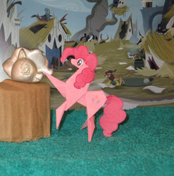 Size: 1024x1035 | Tagged: safe, artist:malte279, pinkie pie, earth pony, pony, g4, cute, fun, griffonstone, irl, origami, photo, statue, tin
