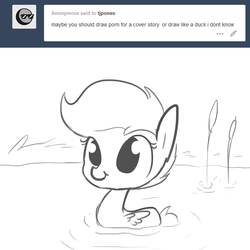 Size: 1280x1280 | Tagged: safe, artist:tjpones, scootaloo, pegasus, pony, g4, :t, behaving like a bird, behaving like a duck, black and white, cute, cutealoo, female, grayscale, monochrome, pegaduck, smiling, solo, tumblr