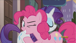 Size: 1282x720 | Tagged: safe, screencap, pinkie pie, rarity, pony, g4, the gift of the maud pie, discovery family logo, one eye closed, wink
