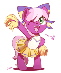 Size: 727x868 | Tagged: dead source, safe, artist:sion, cheerilee, earth pony, pony, g4, the cart before the ponies, bipedal, bow, cheeribetes, cheerileeder, cheerleader, clothes, cute, female, hair bow, one eye closed, open mouth, pleated skirt, pom pom, skirt, solo, wink