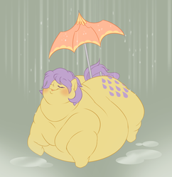 Size: 2224x2300 | Tagged: safe, artist:mellowhen, lemon drop, g1, belly, fat, female, high res, huge butt, impossibly large belly, impossibly large butt, impossibly large everything, large butt, morbidly obese, obese, rain, solo, umbrella