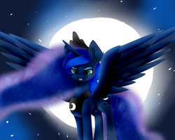 Size: 3616x2896 | Tagged: safe, artist:fluffykia, princess luna, g4, female, high res, moon, night, solo, spread wings, stars