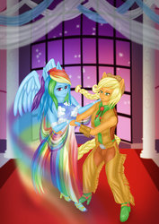 Size: 1600x2263 | Tagged: safe, artist:jewelscore, applejack, rainbow dash, anthro, g4, ambiguous facial structure, chaps, clothes, dress, gala dress, grand galloping gala, rainbow trail