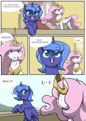 Size: 4961x6992 | Tagged: safe, artist:lrusu, princess celestia, princess luna, pony, g4, absurd resolution, bipedal, bipedal leaning, cewestia, comic, cute, filly, jewelry, necklace, pink-mane celestia, who's on first?, woona
