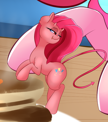 Size: 800x900 | Tagged: safe, artist:madacon, pinkie pie, earth pony, pony, g4, close-up, conscience, female, food, macro, mare, newbie artist training grounds, pancakes, pinkamena diane pie, shoulder devil, size difference, solo, syrup