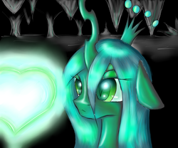Size: 6000x5000 | Tagged: safe, artist:ruanshi, queen chrysalis, changeling, changeling queen, g4, :<, absurd resolution, bust, cave, cute, cutealis, eye reflection, eyes on the prize, female, floppy ears, heart, magic, portrait, solo