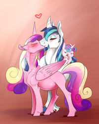 Size: 1600x2000 | Tagged: safe, artist:vindhov, princess cadance, princess flurry heart, shining armor, alicorn, pony, unicorn, g4, belly, blech, blushing, disgusted, ear fluff, eyes closed, family, female, fluffy, heart, kiss on the lips, kissing, male, missing cutie mark, pregnant, ship:shiningcadance, shipping, straight, tongue out, trio, unshorn fetlocks