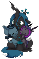 Size: 2470x3715 | Tagged: safe, artist:cutepencilcase, queen chrysalis, oc, oc:midnight, oc:smooth sailing, changeling, g4, high res, mommy chrissy, purple changeling, simple background, transparent background