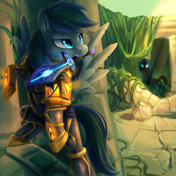 Size: 2000x2000 | Tagged: safe, artist:jedayskayvoker, rainbow dash, pegasus, pony, g4, armor, crepuscular rays, crossover, fantasy class, glowing eyes, high res, knight, monster, mouth hold, paladin, rearing, ruins, sword, warcraft, warrior, weapon, world of warcraft