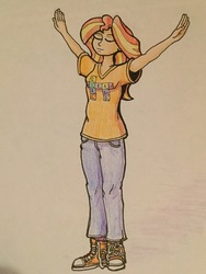 Size: 2448x3264 | Tagged: safe, artist:sensko, princess celestia, sunset shimmer, equestria girls, g4, clothes, converse, dark souls, eyes closed, female, high res, newbie artist training grounds, praise the sun, shoes, sneakers, solo, traditional art