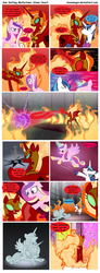 Size: 595x1620 | Tagged: safe, artist:teammagix, princess cadance, princess celestia, shining armor, comic:sun setting misfortune, g4, butt, comic, corrupted celestia, epic wife tossing, fire, magic, nightmare sunset, petrification, plot, possessed, turned to stone