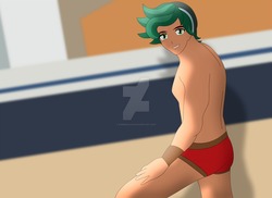 Size: 1600x1163 | Tagged: safe, artist:supermaxx92, timber spruce, equestria girls, g4, my little pony equestria girls: legend of everfree, clothes, male, sexy, speedo, topless, underwear, watermark