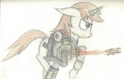 Size: 3464x2213 | Tagged: safe, artist:frostspear, oc, oc only, oc:littlepip, pony, unicorn, fallout equestria, clothes, fallout 3, fallout 4, fanfic, fanfic art, female, floppy ears, glowing horn, gun, high res, hooves, horn, jumpsuit, magic, mare, pipbuck, running, simple background, solo, teddy bear, telekinesis, traditional art, vault suit, weapon, white background
