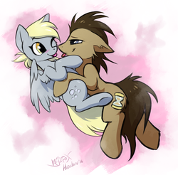 Size: 1074x1056 | Tagged: dead source, safe, artist:hioshiru, artist:kejifox, derpy hooves, doctor whooves, time turner, earth pony, pegasus, pony, g4, abstract background, blushing, collaboration, cuddling, cute, derpabetes, doctorbetes, female, floppy ears, male, mare, profile, ship:doctorderpy, shipping, signature, silly, snuggling, stallion, straight, tongue out