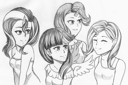 Size: 2046x1358 | Tagged: safe, artist:michychan, starlight glimmer, sunset shimmer, trixie, twilight sparkle, equestria girls, g4, grayscale, horn, horned humanization, humanized, monochrome, traditional art, twilight sparkle (alicorn), twilight's counterparts, winged humanization