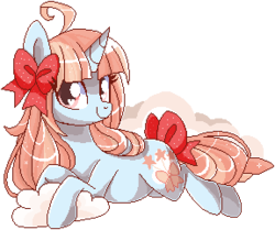 Size: 288x241 | Tagged: safe, artist:xwhitedreamsx, oc, oc only, oc:wishy wish, cloud, hair bow, pixel art, simple background, solo, tail bow, transparent background