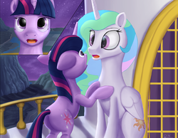 Size: 2579x2000 | Tagged: safe, artist:stillwaterspony, princess celestia, twilight sparkle, pony, unicorn, romance reports, g4, balcony, bipedal, bipedal leaning, butt, canterlot, canterlot castle, duo, duo female, ears back, fanfic art, female, floppy ears, high res, hooves on chest, implied shipping, leaning, lesbian, looking at each other, looking at someone, mare, night, open mouth, plot, ship:twilestia, shipping, shocked, sitting, stare, unicorn twilight