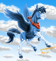 Size: 2550x2762 | Tagged: safe, artist:amalgamzaku, oc, oc only, oc:mix-up, pegasus, pony, bandana, cloud, flying, high res, male, solo, stallion